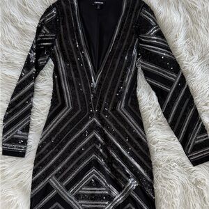 Express Long Sleeve Black and Silver Sequin Dress